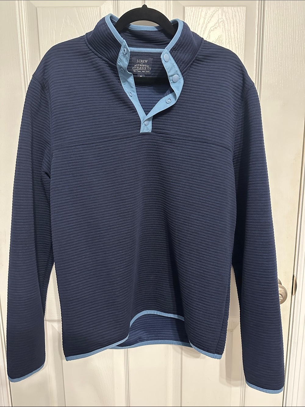 J. Crew Men’s Navy Ribbed Snap-Front Pullover with Light Blue Trim